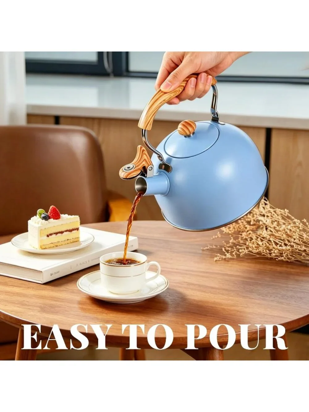 GGC Blue Stainless Steel Kettles 2.6QT Whistling Stove Top Folding Wood Handle